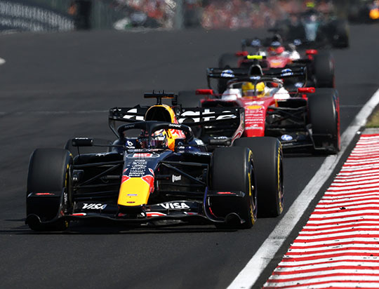 Red Bull Formula 1 car leading the field at the 2026 Hungarian Grand Prix