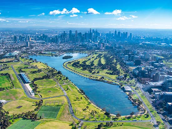 Albert Park Circuit, Melbourne Aerial Image of Albert Park Circuit and skyline, Melbourne Austrailia